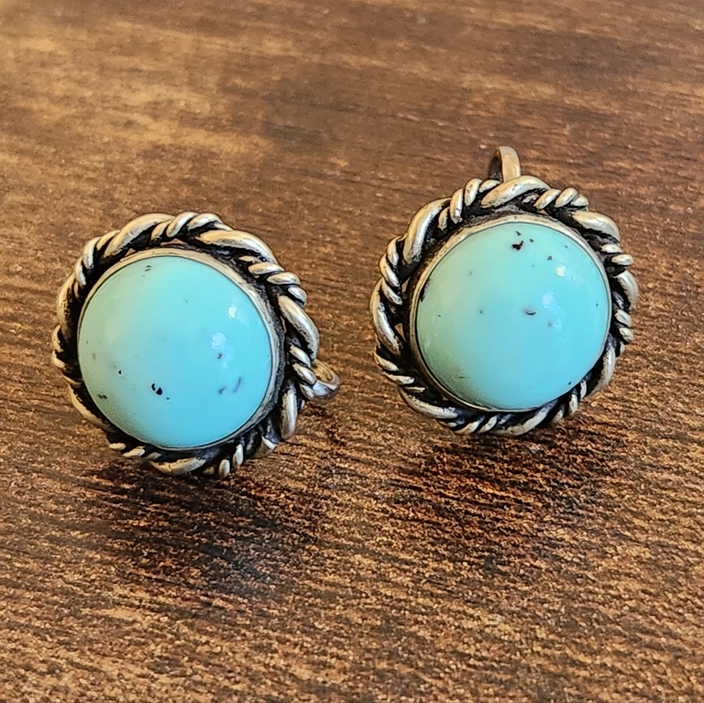 Vintage 1950s Faux Turquoise Silver Tone Screw Back Earrings